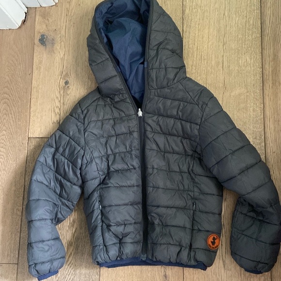 Save the Duck Kids' Giga Hooded Puffer Jacket reversible grey quilted and navy - Picture 1 of 5